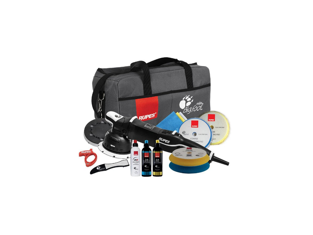 Kit with RUPES Bigfoot Mille LK900E, shown with pads, compounds, additional accessories, and a BIGFOOT-branded tool bag.