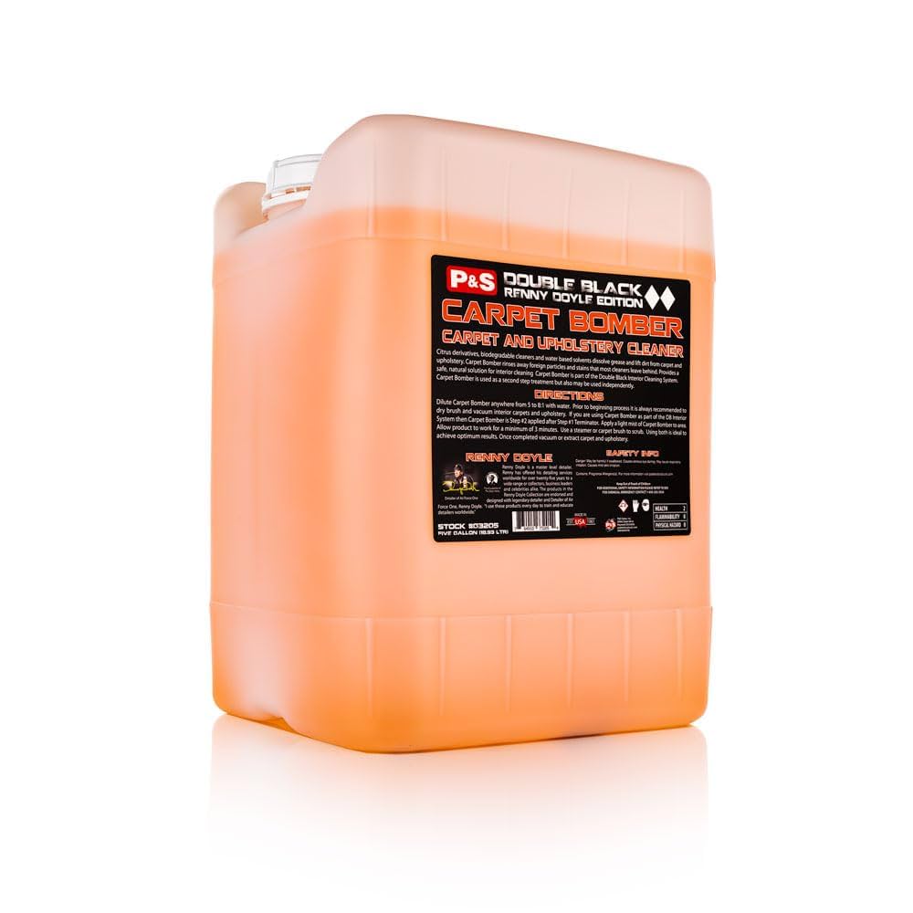 Five-gallon jug of P&S Carpet Bomber, a concentrated cleaner that can be diluted based on desired strength.