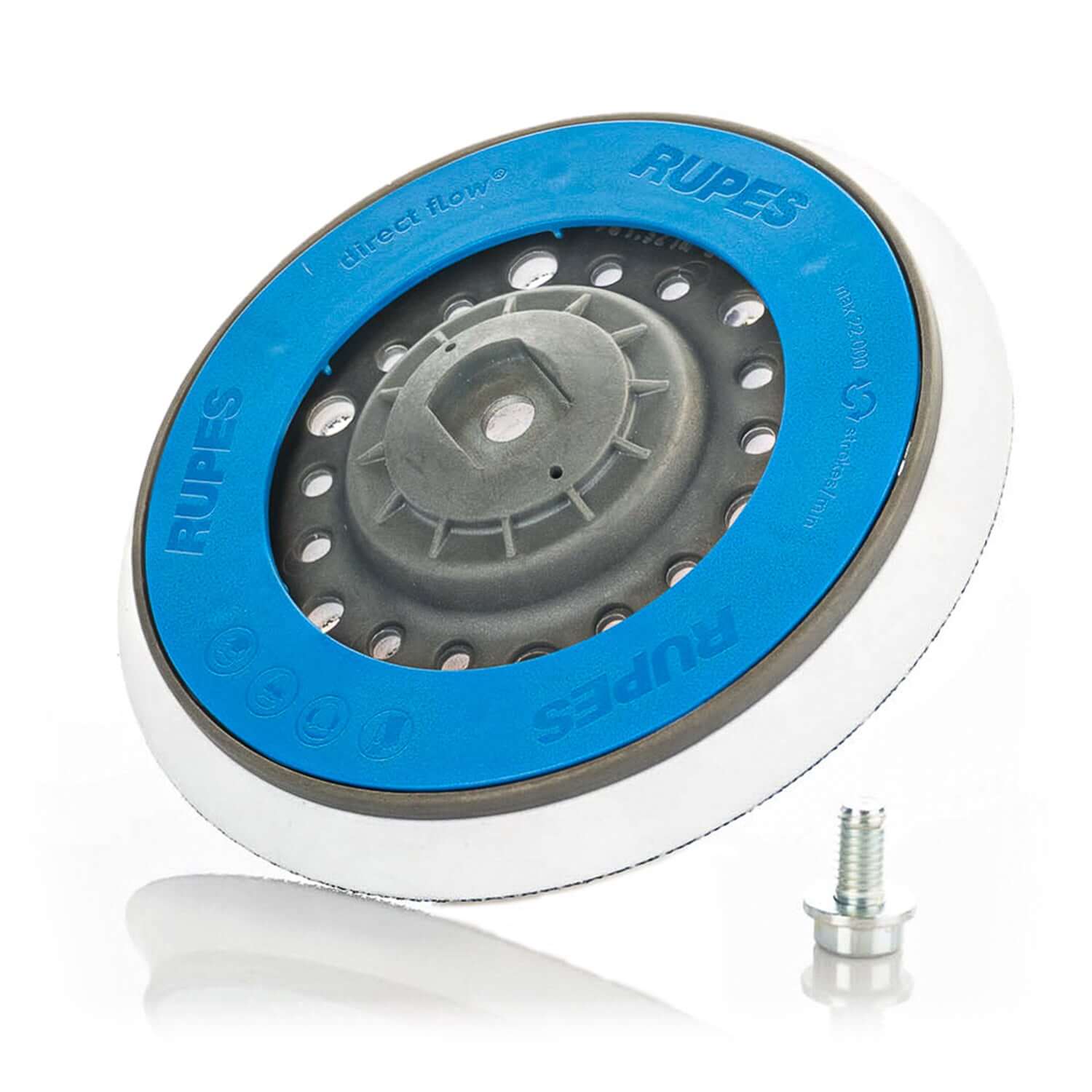 Angled view of genuine Rupes Backing Plate with M8 fitting, showing durable design and quality construction.