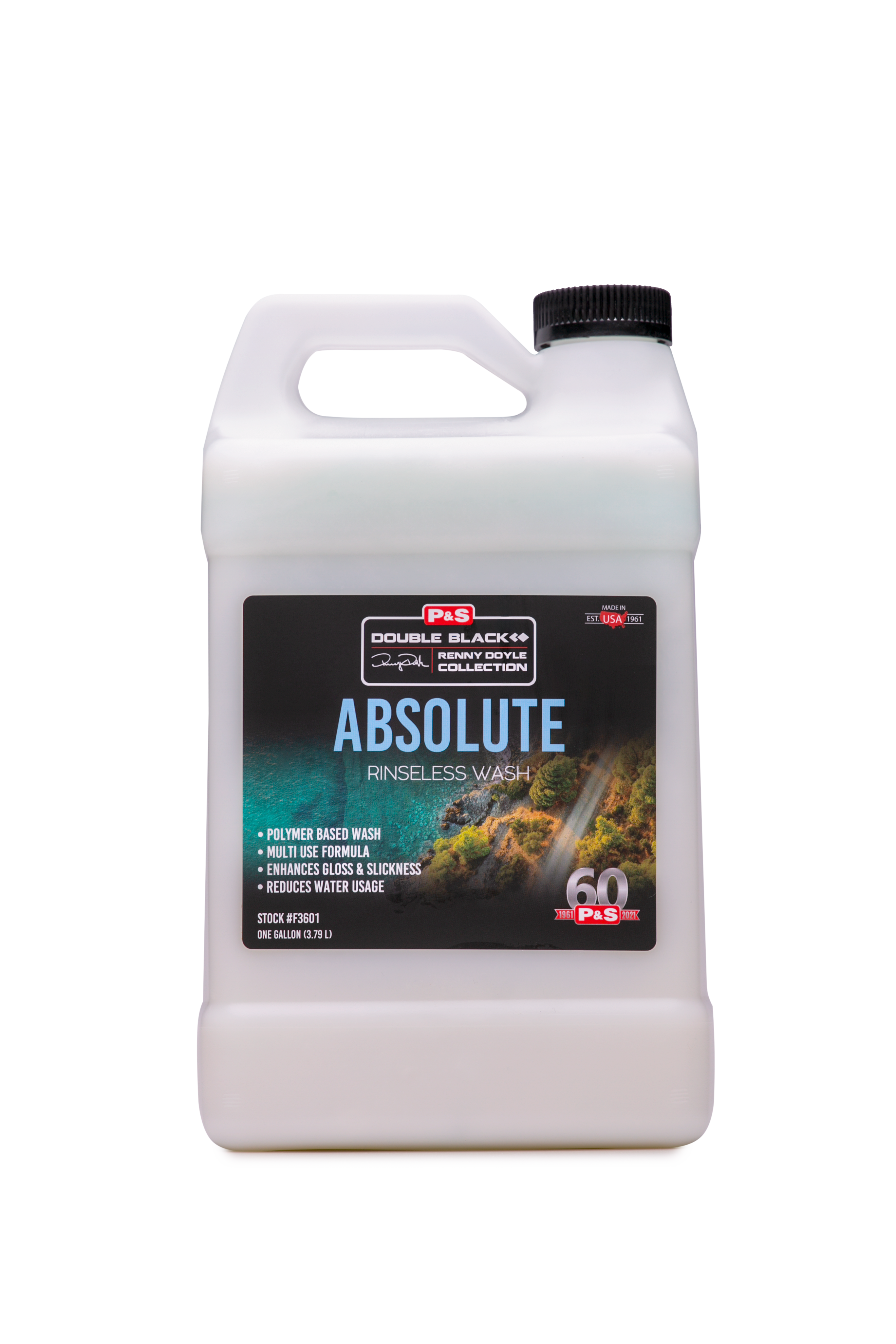 One-gallon jug of P&S Absolute Rinseless Wash, a polymer-based formula that encapsulates dirt for safe, effective washing.