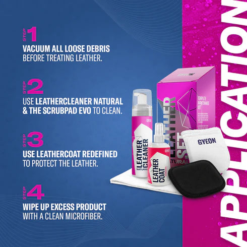 Instructions for GYEON Q²M Leather Set Natural including vacuuming debris and wiping up excess product.