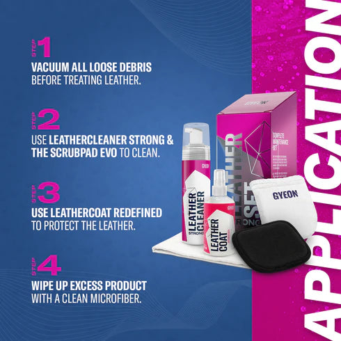 Instructions for GYEON Q²M Leather Set Strong including vacuuming debris and wiping up excess product.