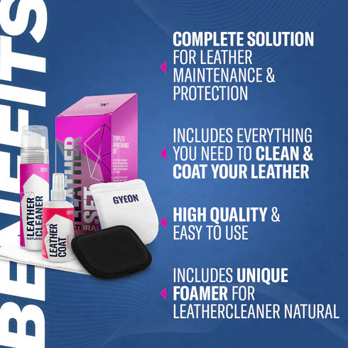 Overview of GYEON Q²M Leather Set Natural with product highlights including its high quality and ease of use.