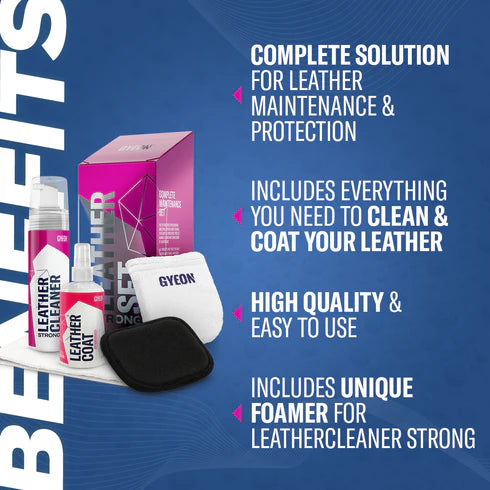 Overview of GYEON Q²M Leather Set Strong with product highlights including its high quality and ease of use.