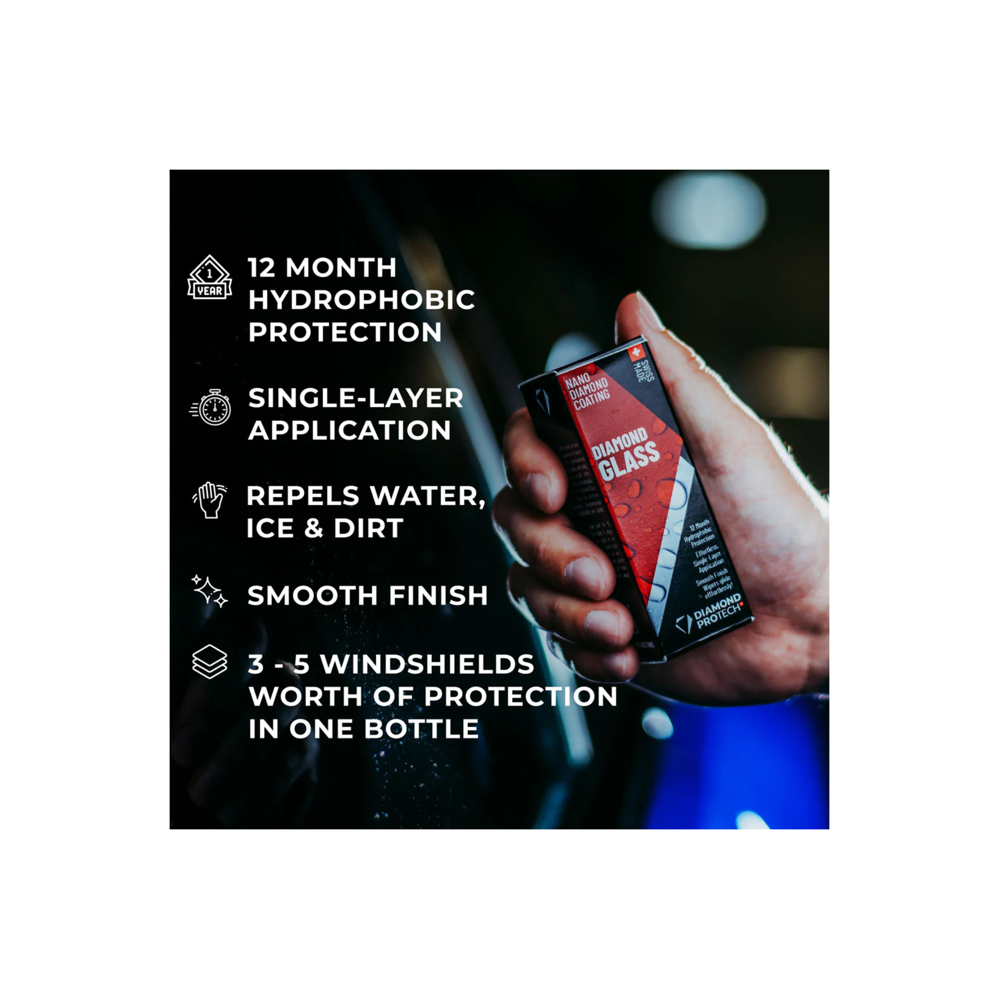 Detailed view of Diamond ProTech Diamond Glass designed to repel water, ice, and dirt.