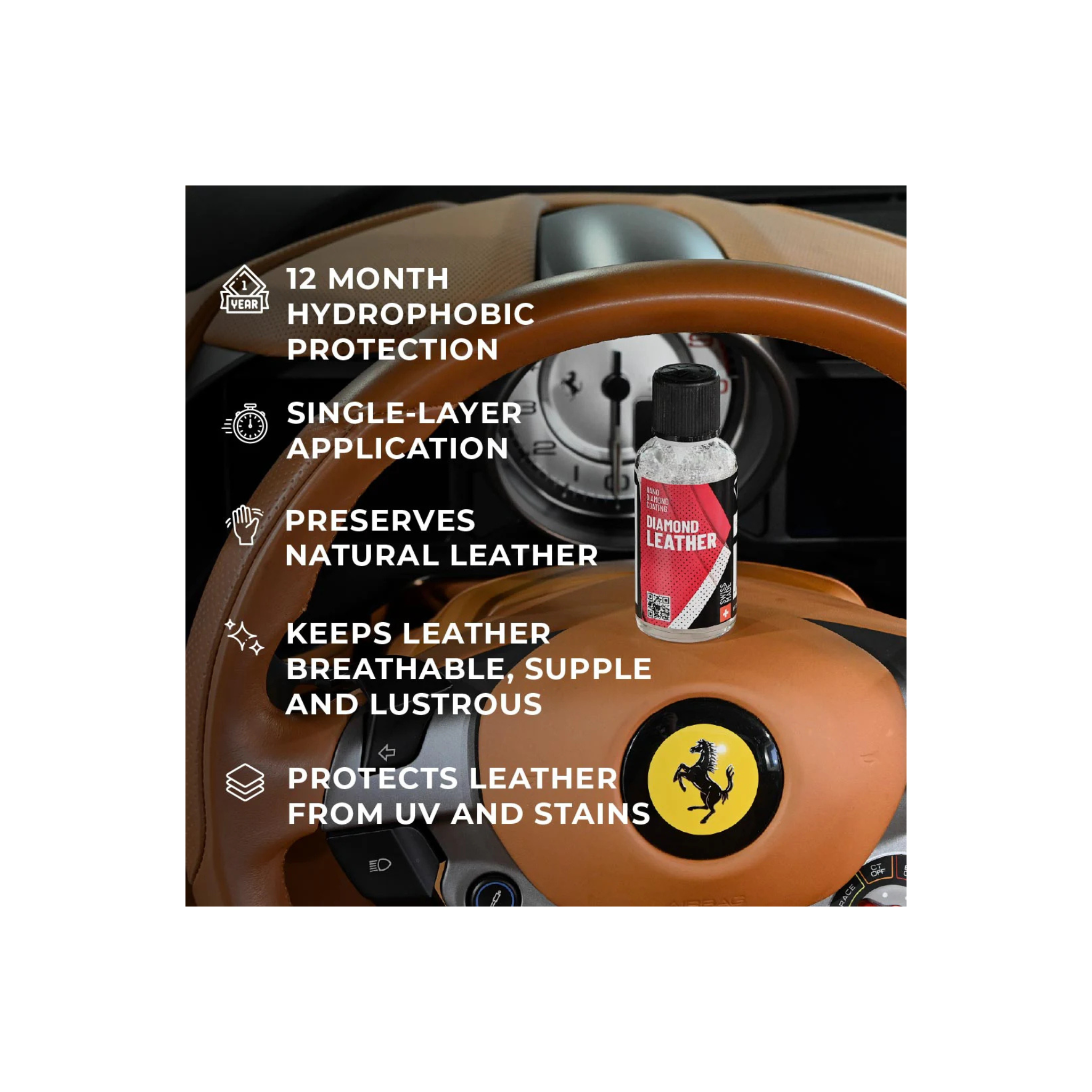 Detailed view of Diamond ProTech Diamond Leather, a breathable and flexible leather coating with UV resistance.