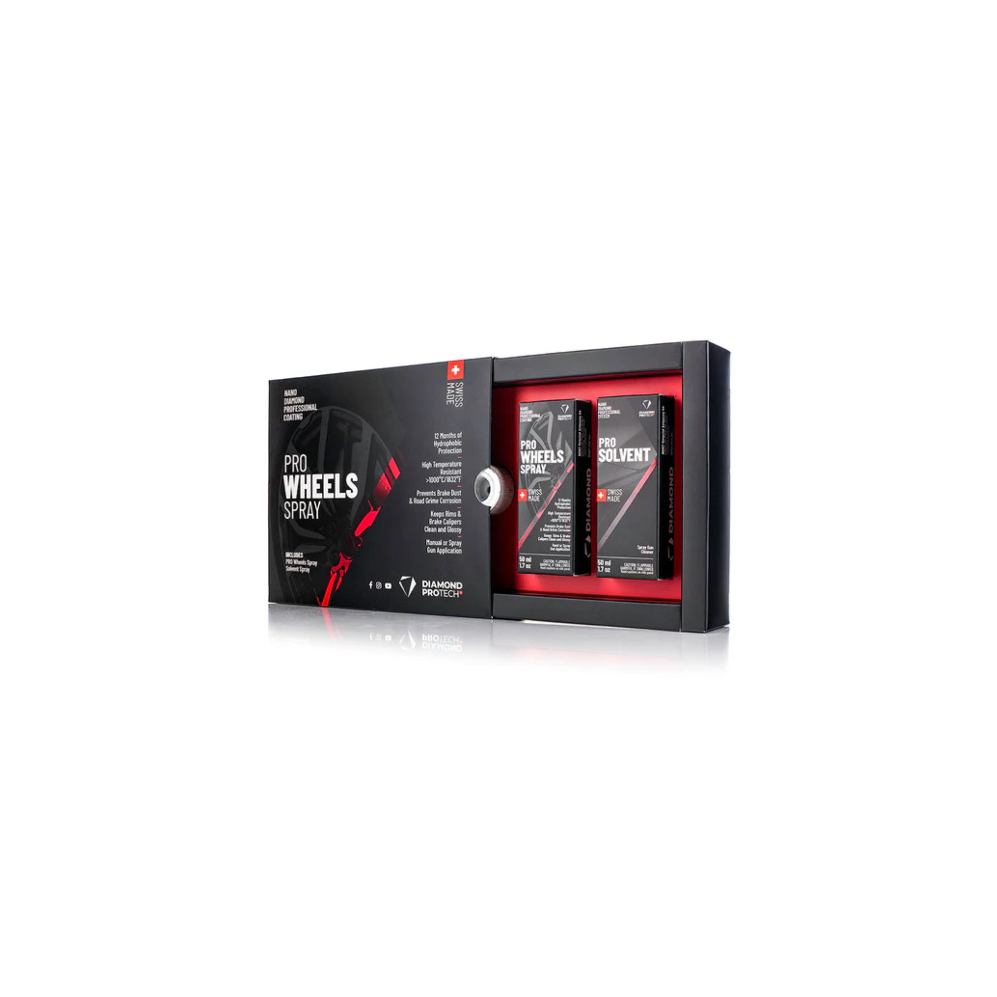 Diamond ProTech Pro Wheels Spray shown with included wheel coating, cleaning solvent, and spray gun adapter.