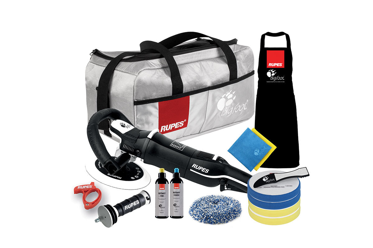 RUPES Bigfoot LH19E kit shown with included loop and side handles, pads, and additional tools.