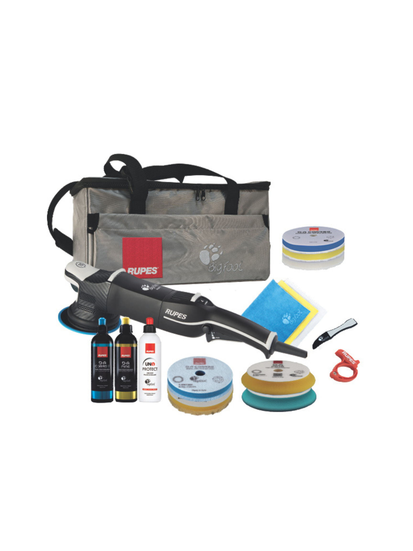 Kit with RUPES BigFoot LHR15 Mark V shown with included compounds, pads, accessories, and a BigFoot Silver tools bag.