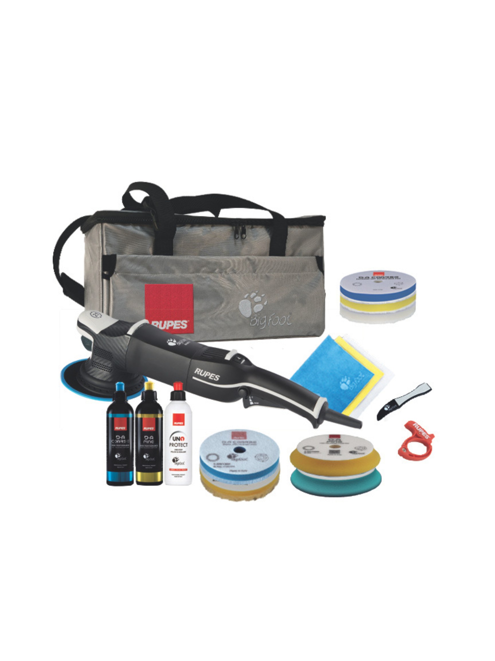 Kit with RUPES BigFoot LHR21 Mark V shown with included compounds, pads, accessories, and a BigFoot Silver tools bag.