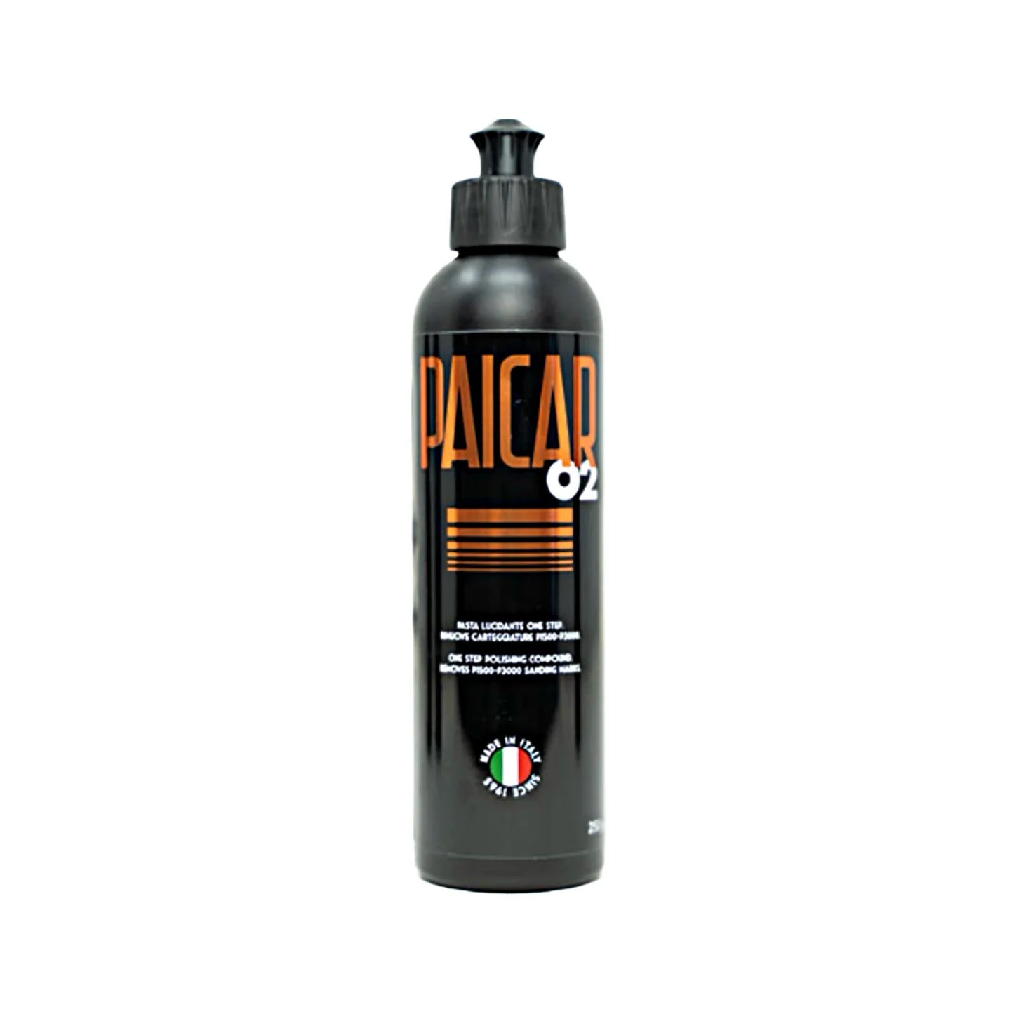 8 oz bottle of PAICAR 02 Medium Cut Polishing Compound designed for defect removal without generating dust.
