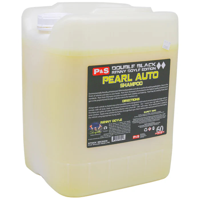 Five-gallon jug of P&S Pearl Auto Shampoo, safe for all washing applications and gentle on hands.