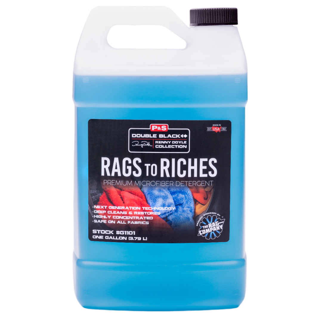 One-gallon jug of P&S Rags To Riches, a microfiber detergent that deeply cleans and restores.
