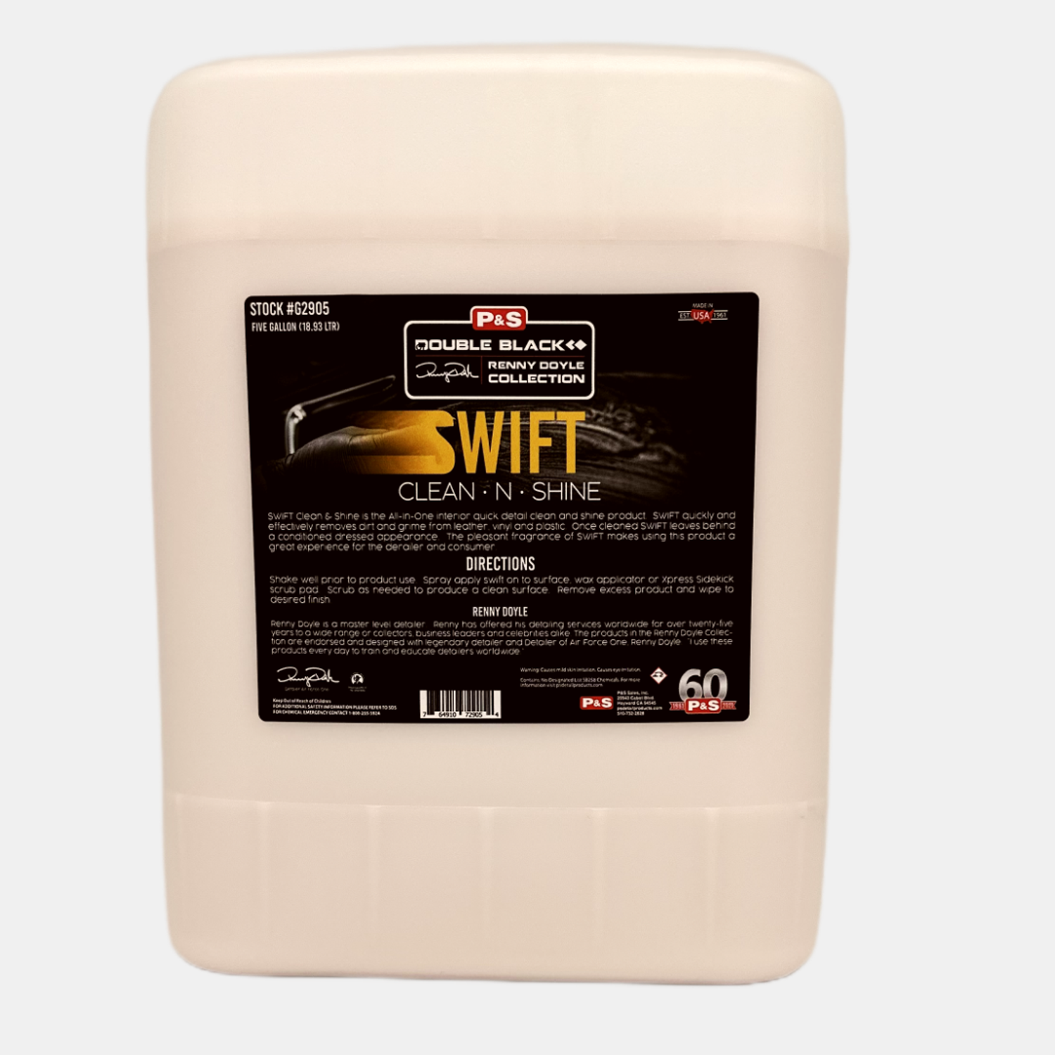 Five-gallon jug of P&S SWIFT Clean & Shine, designed to clean and protect in one time-saving step.