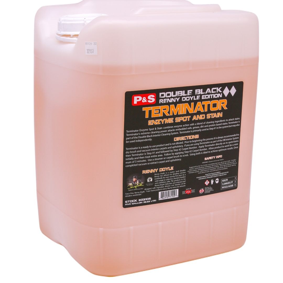Five-gallon container of P&S Terminator, step one in the P&S three-step carpet cleaning system.