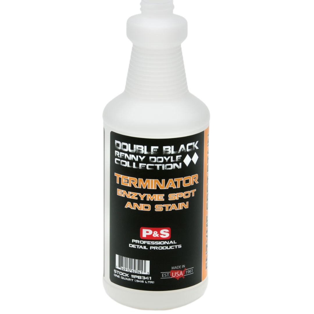 32 oz bottle of P&S Terminator, a cleaner that deodorizes carpet and upholstery as it works.
