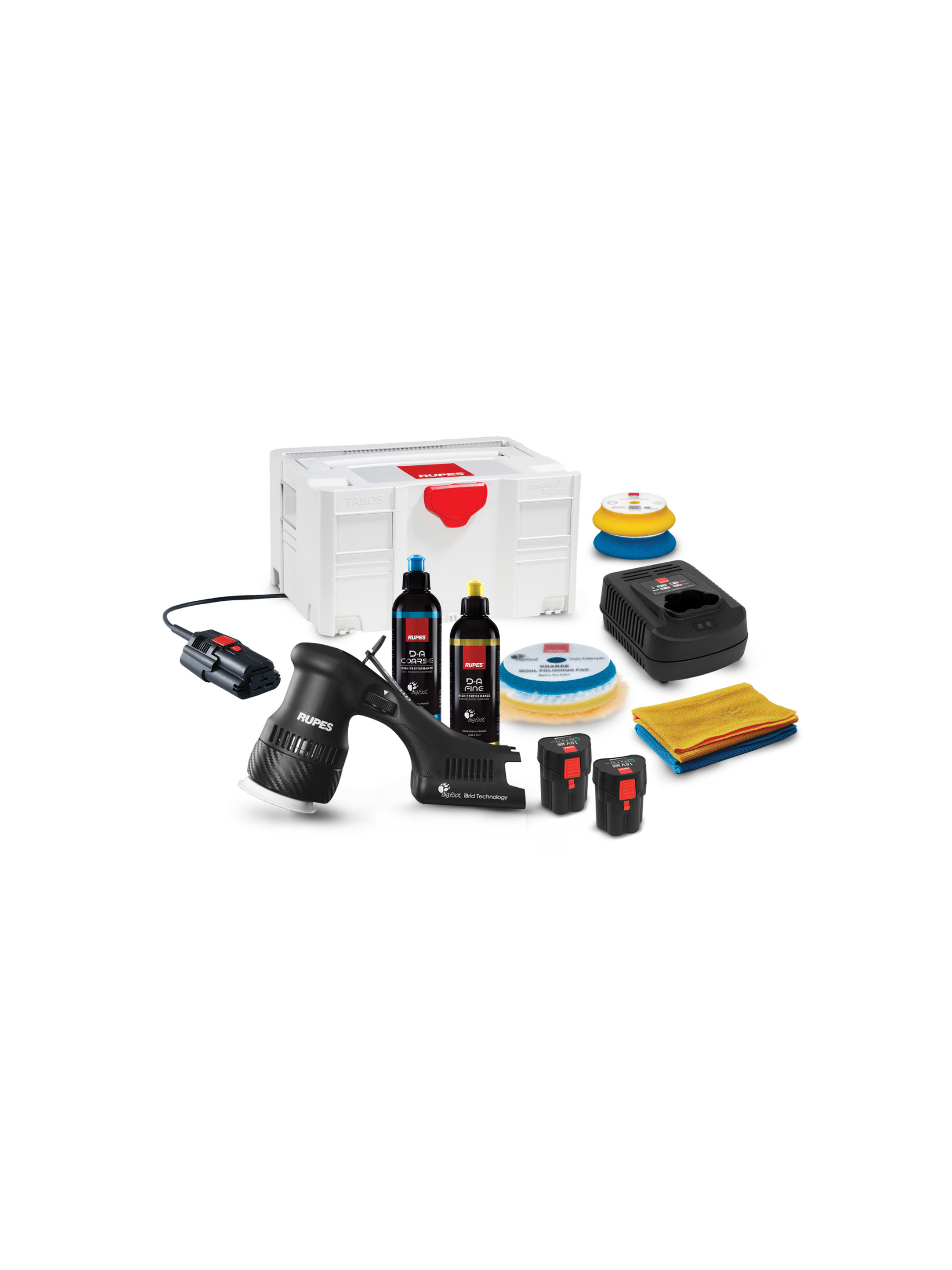 RUPES BigFoot HLR75 Mini iBrid polisher kit shown with included pads, batteries, charger, corded adapter, and Systainer case.