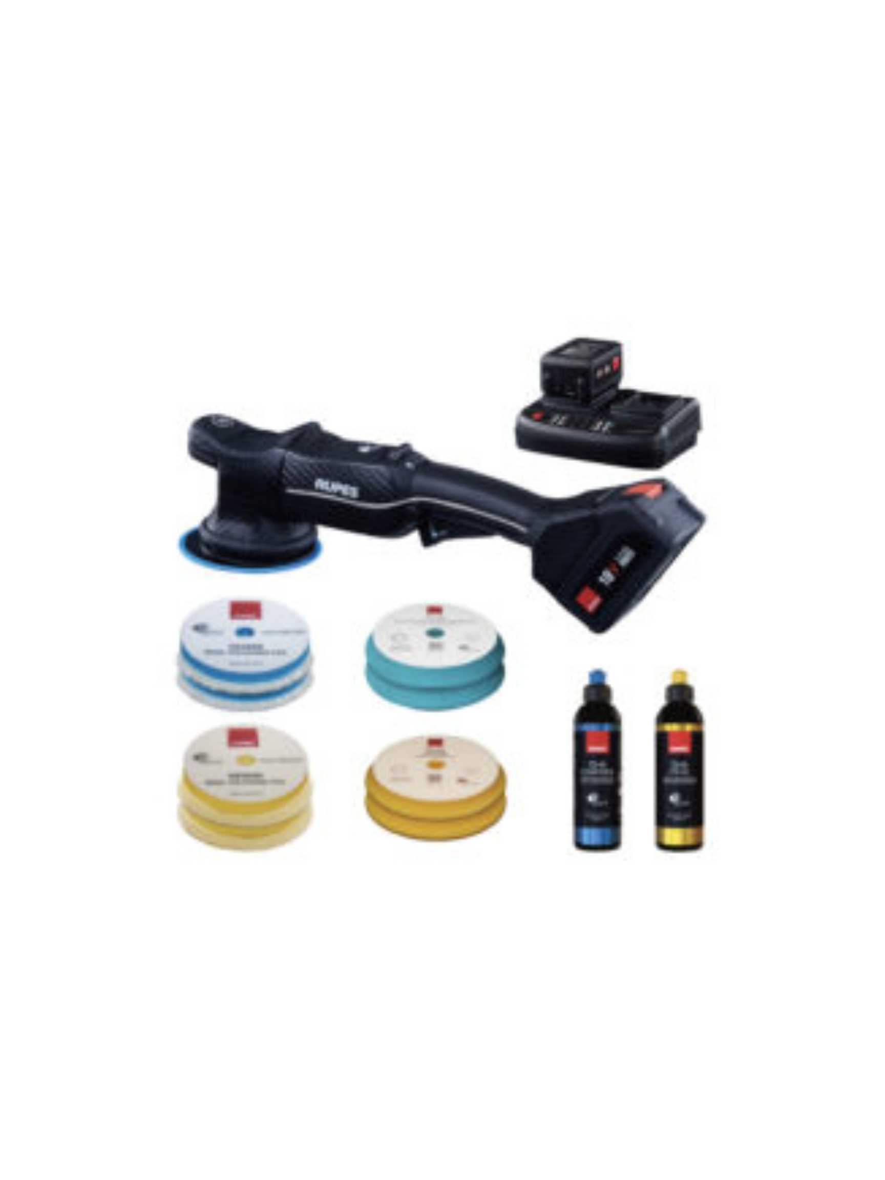RUPES BigFoot HLR15 iBRID Complete Kit shown with included pads, polish, charger, and batteries.