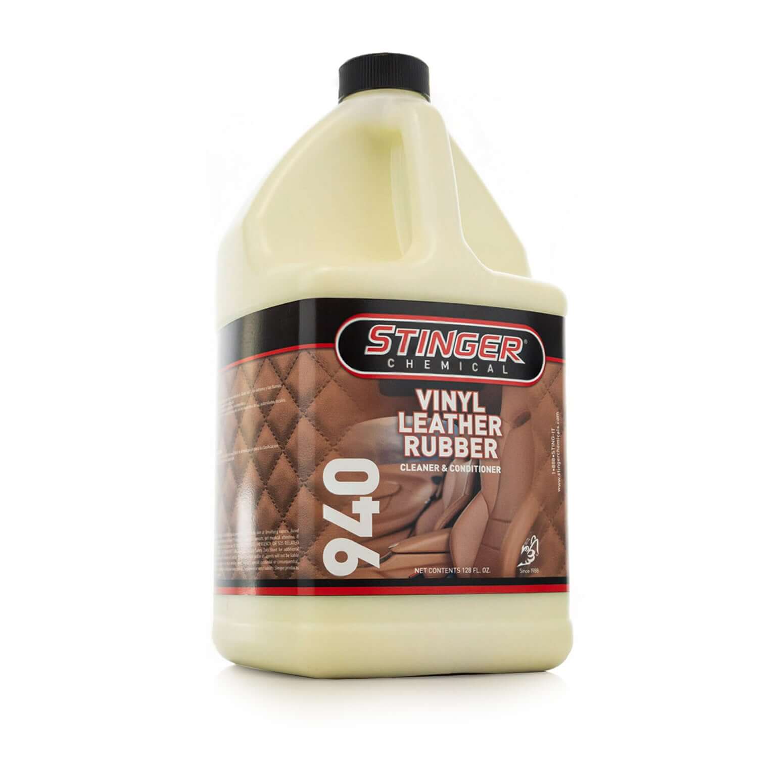 STINGER 940 VINYL LEATHER RUBBER CLEANER AND CONDITIONER cleans, conditions, and protects with UV defense and glossy finish.