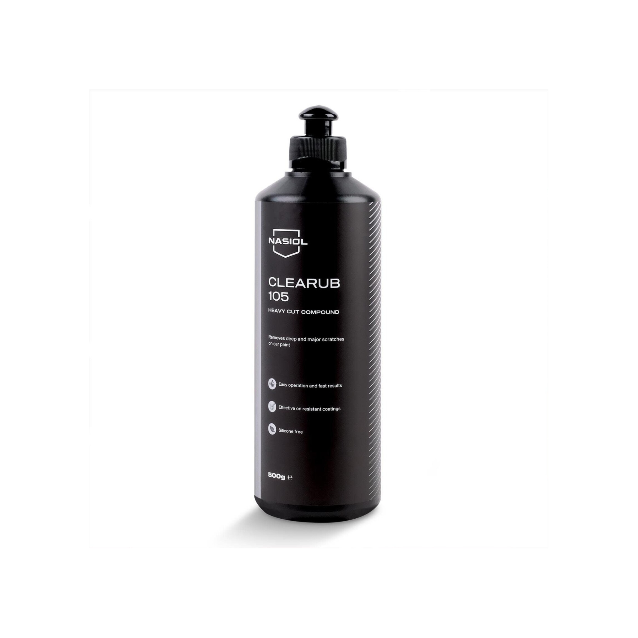 Nasiol CleaRub 105 Heavy Cut Compound removes deep scratches and defects, restoring gloss before final polishing.