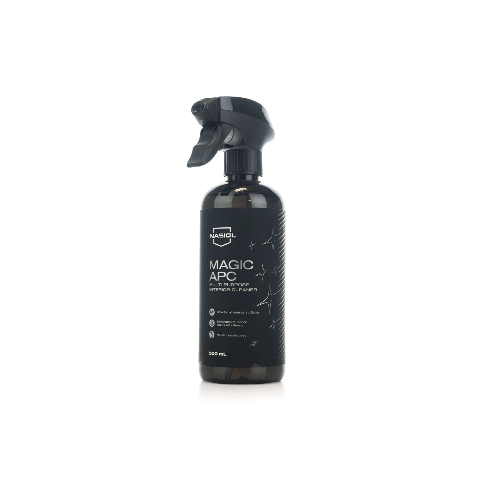 Bottle of Nasiol Magic APC, an all-purpose interior cleaner for removing dirt and stains from car interiors.