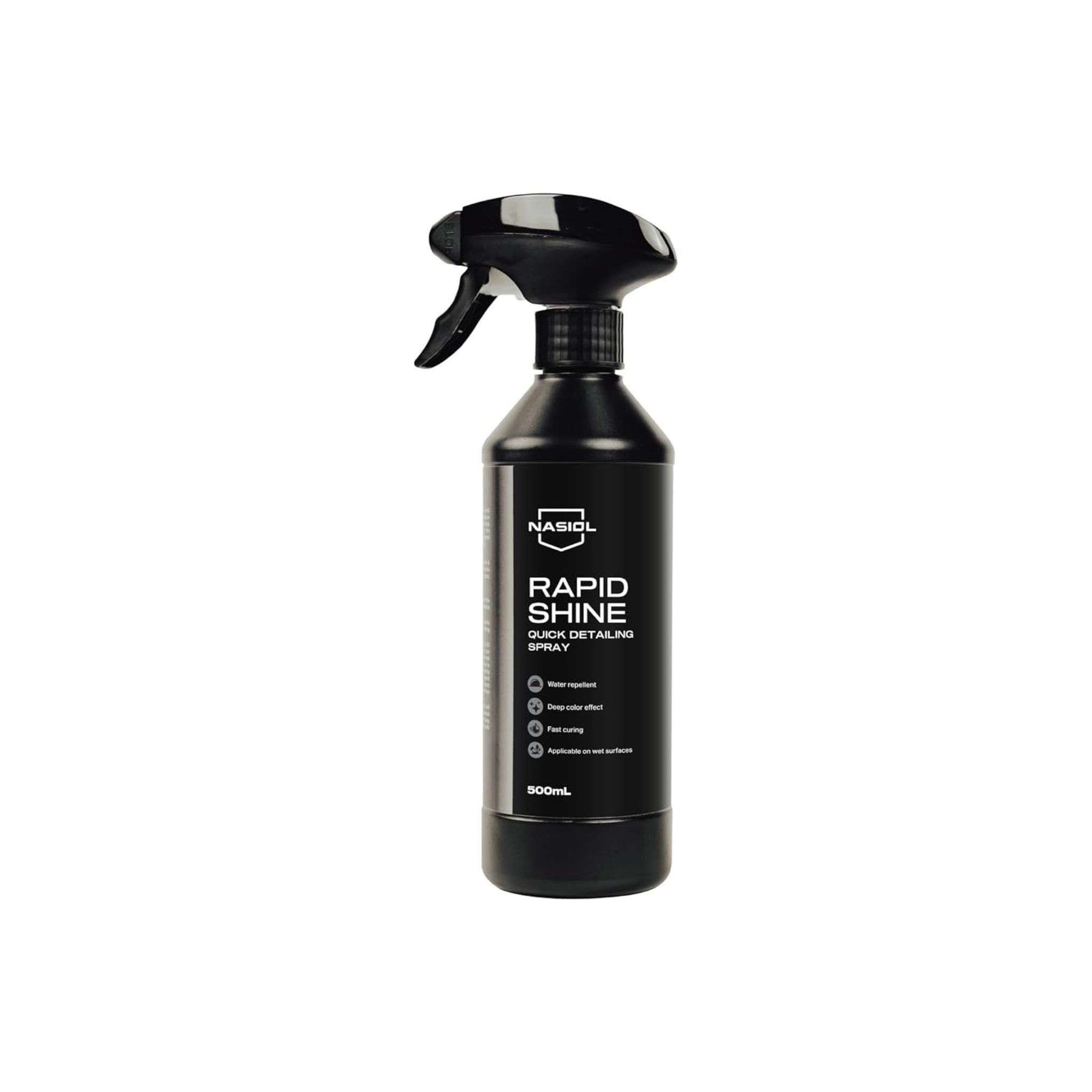 Bottle of Nasiol RapidShine for quick, high-gloss shine and lasting protection on car surfaces.