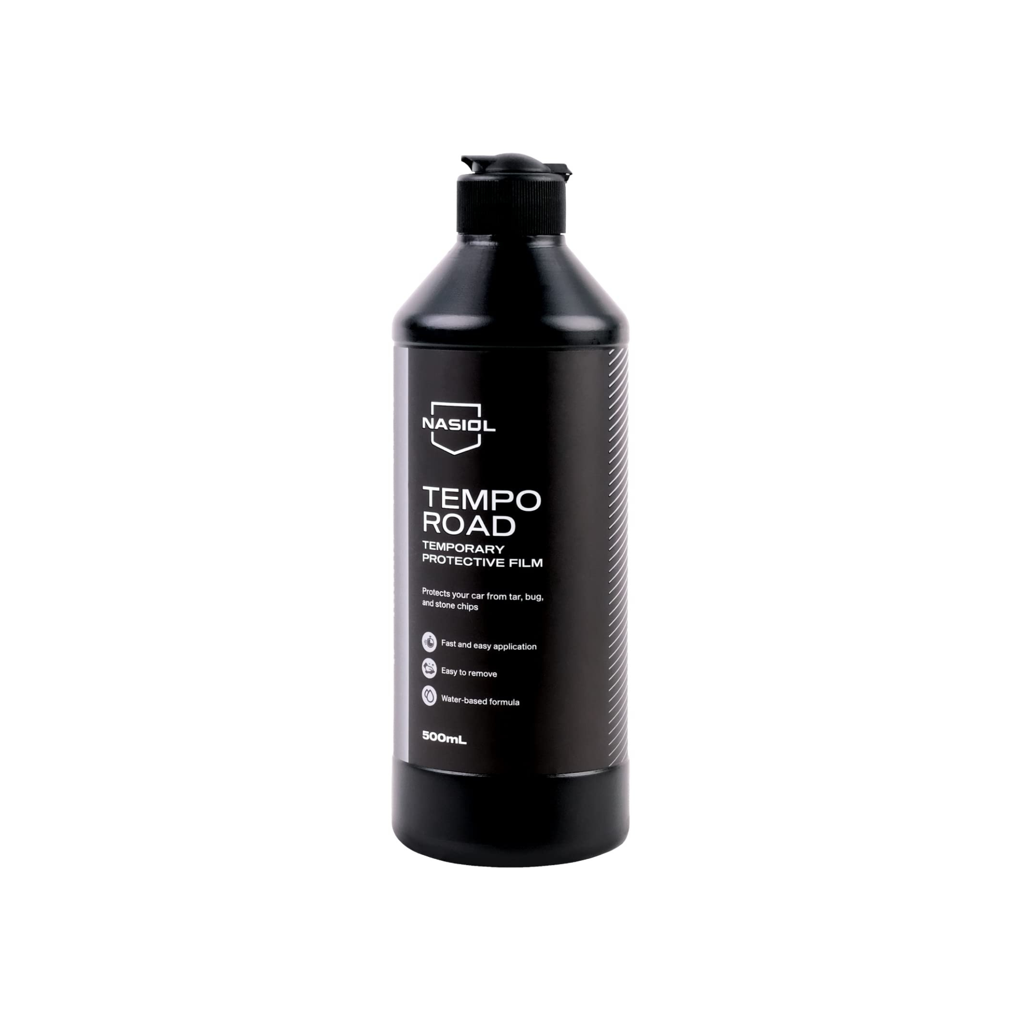 Bottle of Nasiol TempoRoad, a temporary protective film shielding vehicle surfaces from bug stains and sandstorm damage.