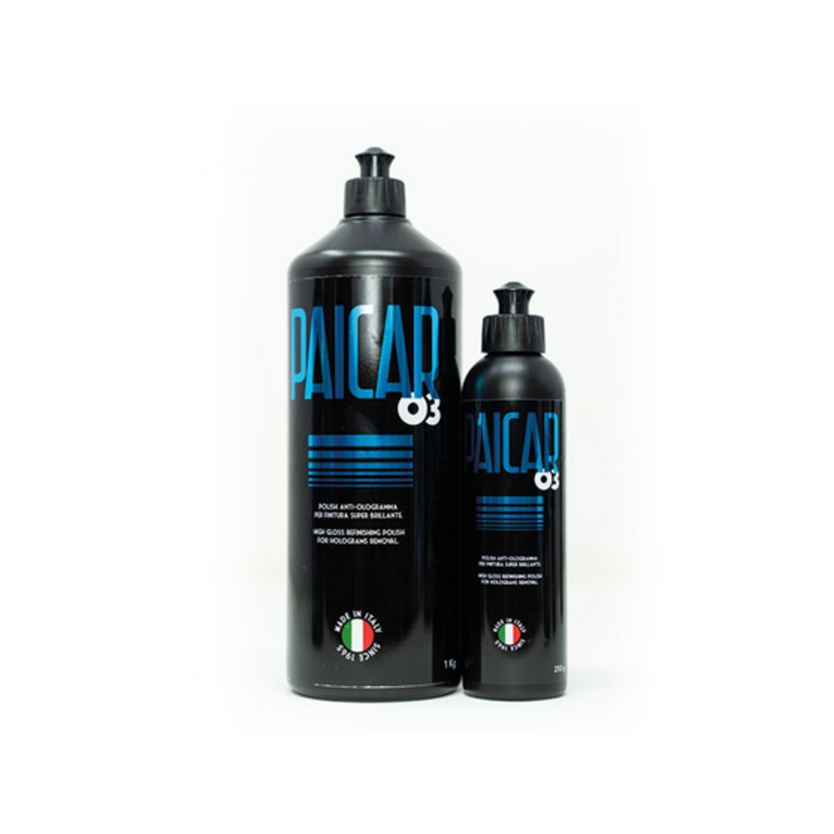 Two bottles of PAICAR 03: a finish polishing compound with nano abrasives to achieve the cleanest and most dazzling shine ever.