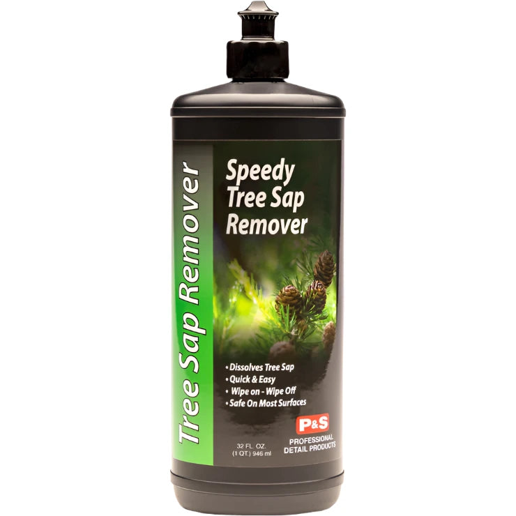 Green and black bottle of P&S Tree Sap Remover for easy removal of tree sap on painted surfaces and glass.