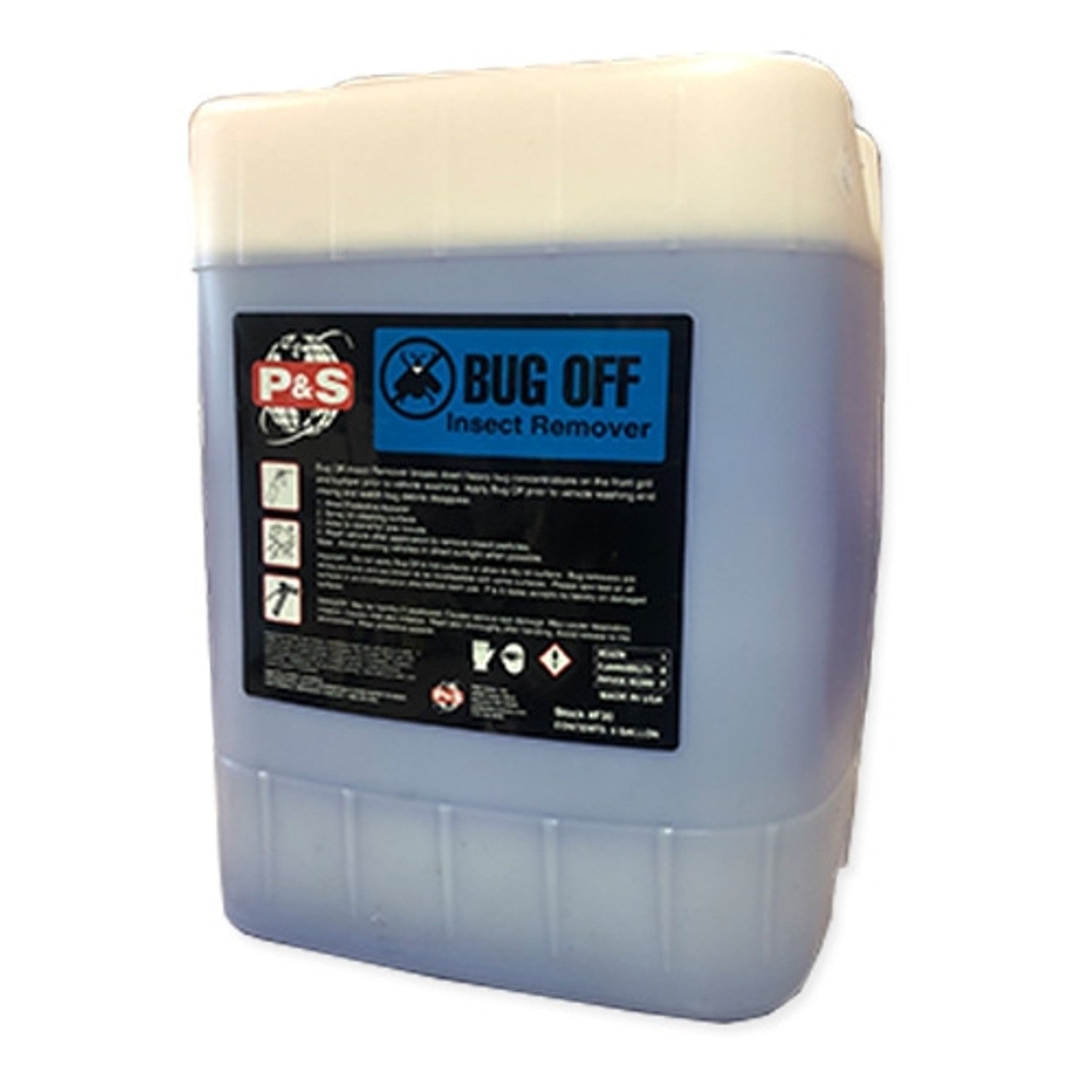 Five-gallon jug of P&S Bug Off Insect Remover, an industrial strength cleaner used before washing to dissolve bug debris.