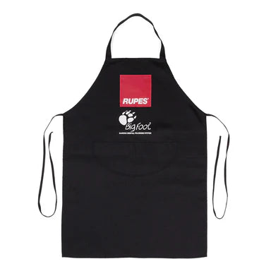 Rupes BigFoot apron with adjustable tie strings, large front pocket, and red logo for secure, functional detailing wear.