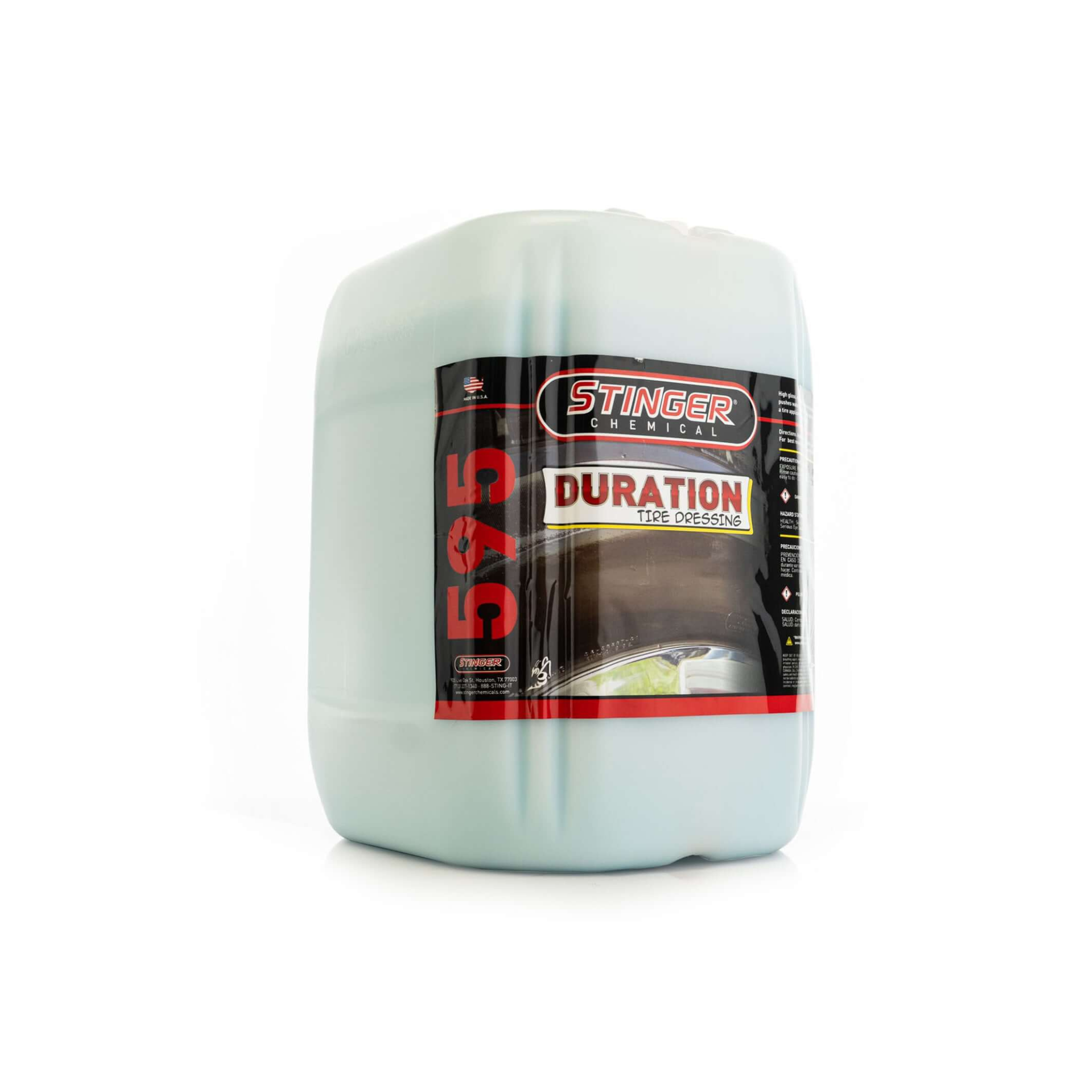 5G STINGER 595 DURATION TIRE DRESSING adds long-lasting shine and protection to tires with a deep, clean, black finish.