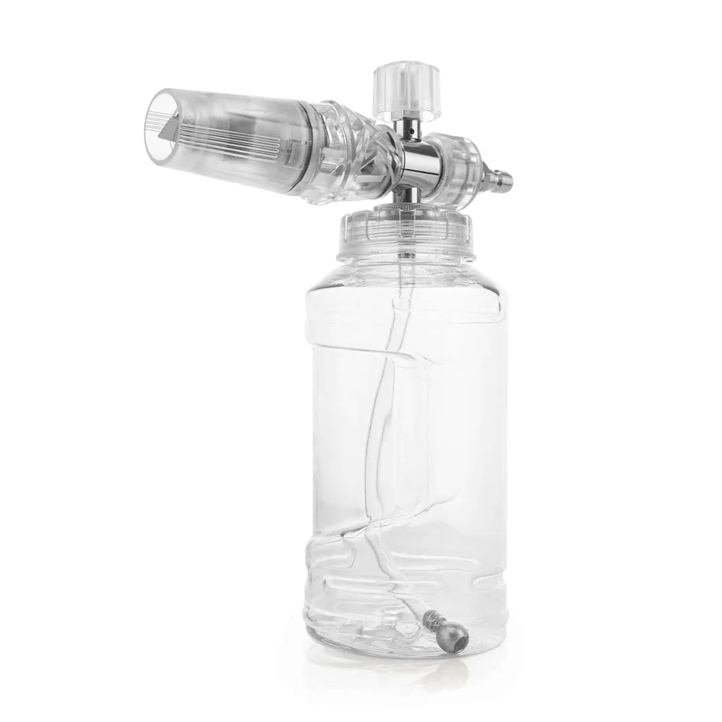 MTM Hydro Clear Foam Cannon for pressure washers, features transparent bottle for easy soap level monitoring.