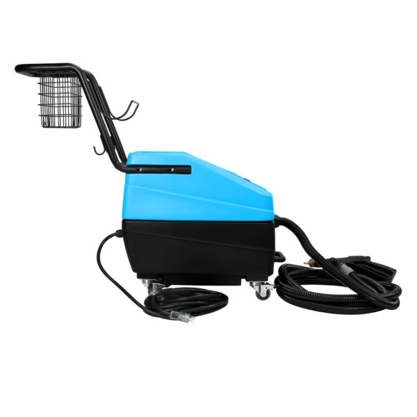 Side view of Mytee 1600 Focus Vapor Steamer with a five-gallon solution tank capacity for heavy duty use.