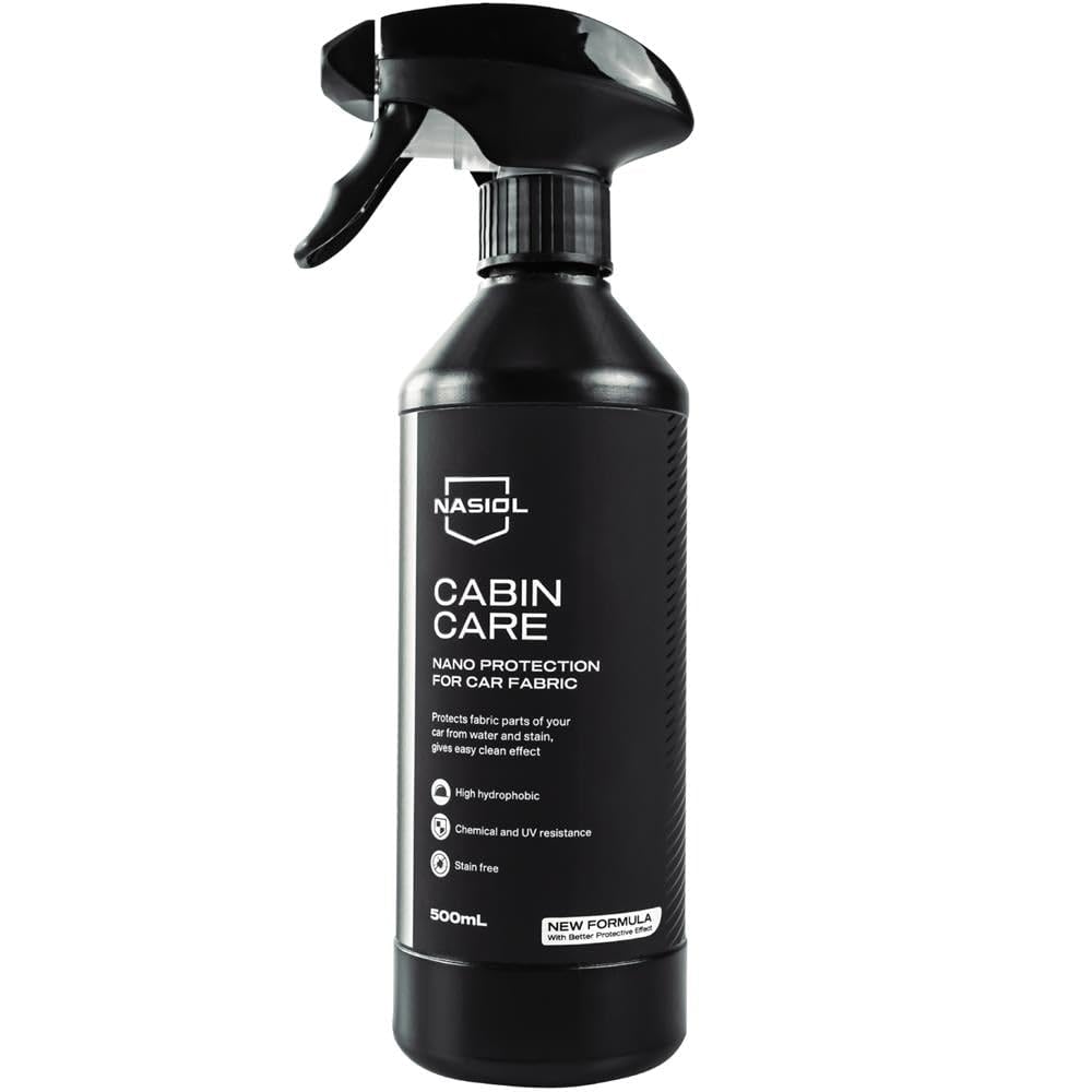 Bottle of Nasiol CabinCare, a nano coating that protects car interior fabric and upholstery from stains, spills, and UV damage.