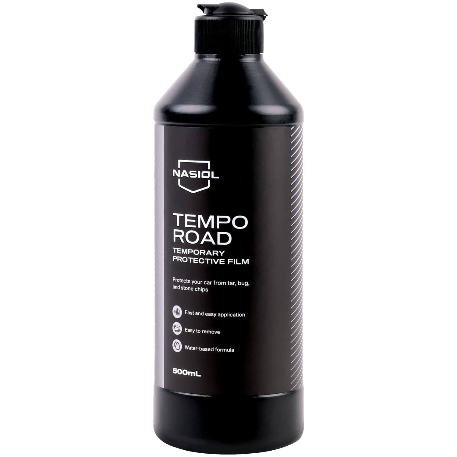 Bottle of Nasiol TempoRoad, a temporary protective film shielding vehicle surfaces from bug stains and sandstorm damage.