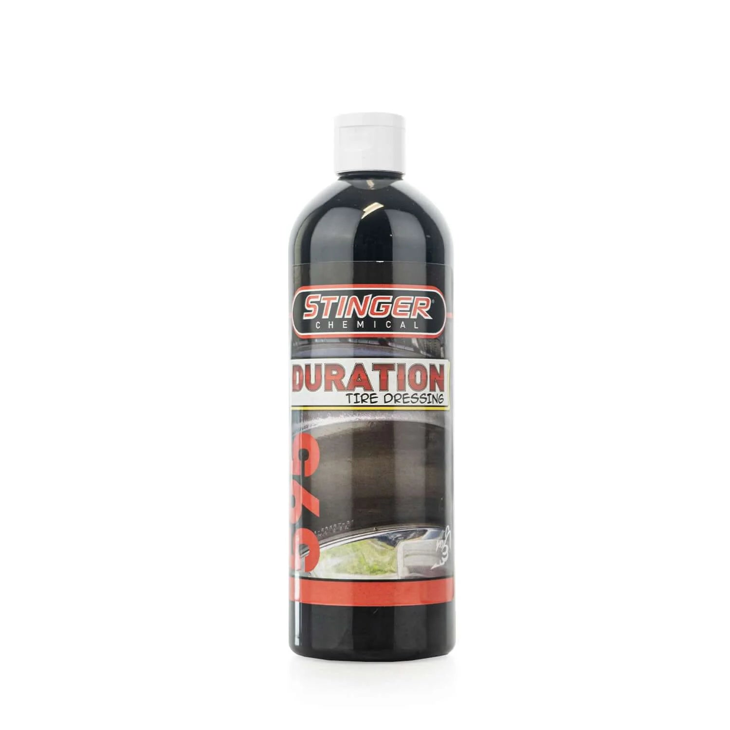 STINGER 595 DURATION TIRE DRESSING adds long-lasting shine and protection to tires with a deep, clean, black finish.