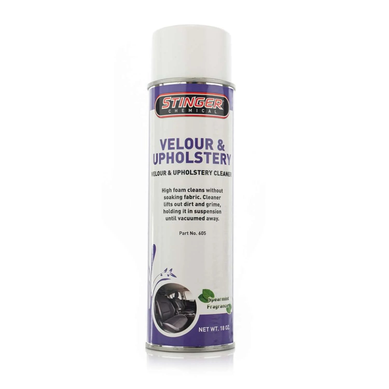 Stinger 605 VELOUR & UPHOLSTERY CLEANER lifts dirt from velour and microfiber with high foam, mint scent, upright sprayer.