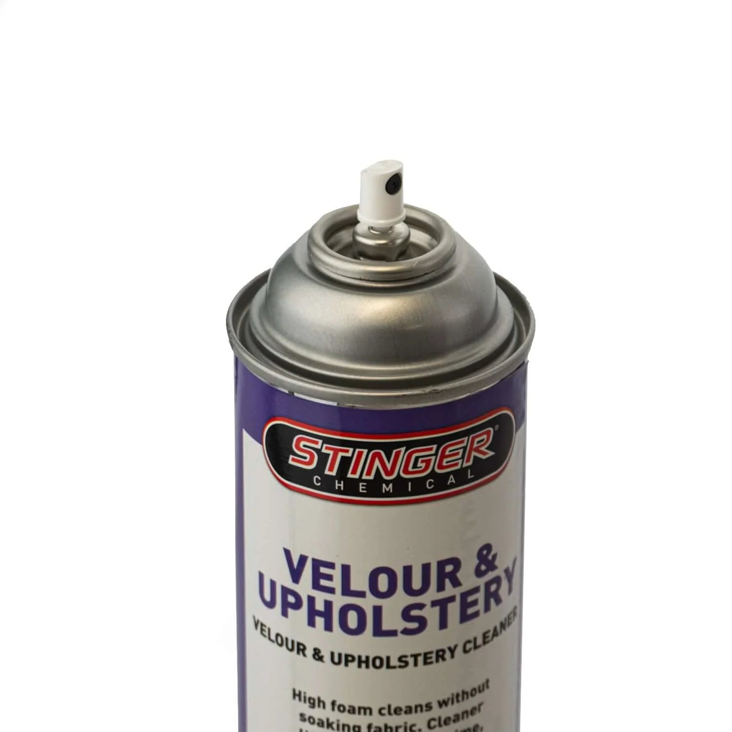 Close-up of Stinger 605 VELOUR & UPHOLSTERY CLEANER aerosol spray head with upright design for targeted foam application.