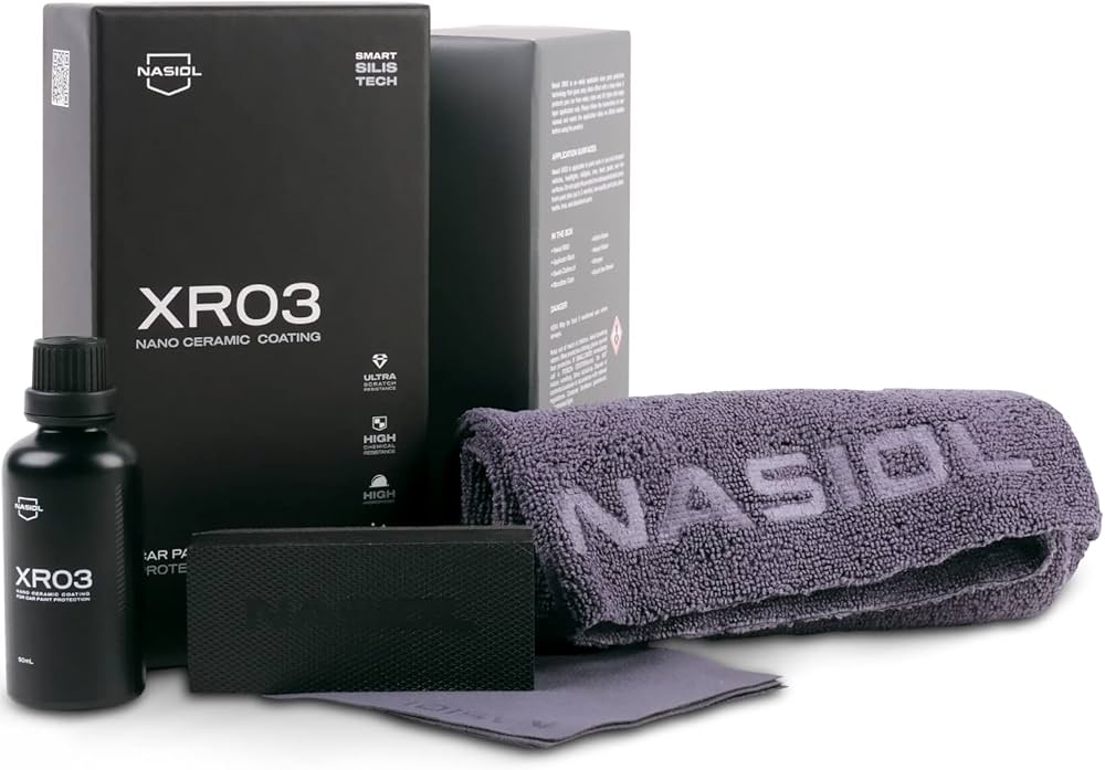 Nasiol XR03 kit with 50mL ceramic coating bottle, applicator block, and microfiber towel for automotive surface protection