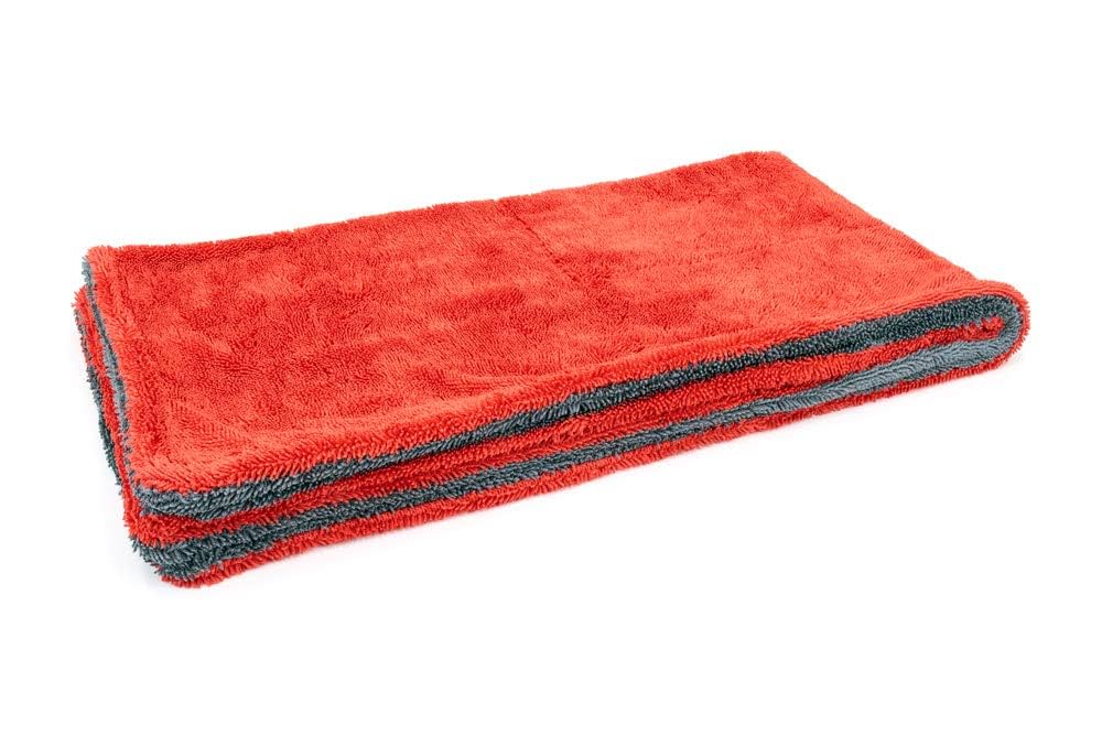 20"x40" Red/Gray Autofiber Dreadnought XL Microfiber Drying Towel with ultra-absorbent twisted loop design for fast drying.