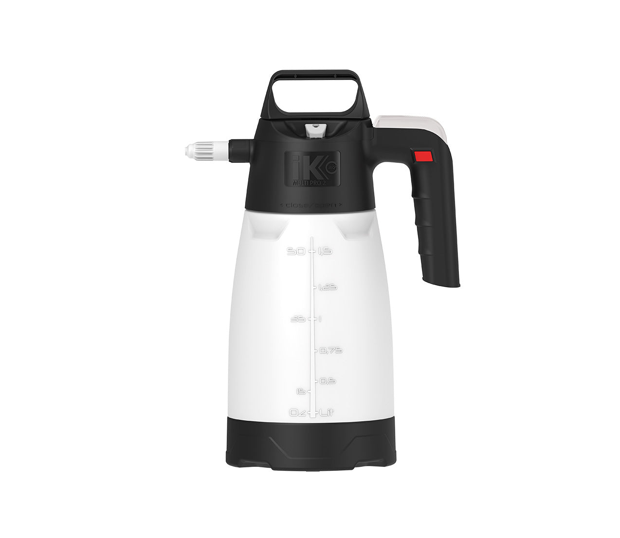 IK MULTI Pro 2 360º sprayer with translucent tank and black handle, designed for multi-angle chemical spraying.
