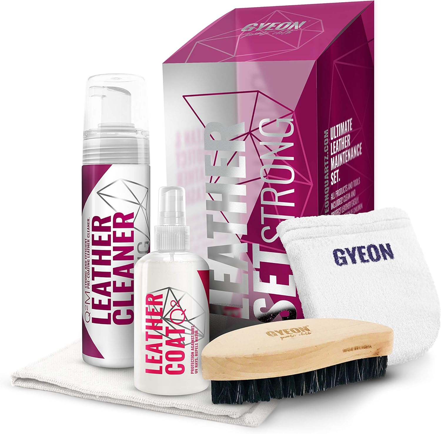 GYEON Q²M Leather Set Strong: two-step system for deep cleaning and durable matte protection of leather surfaces.