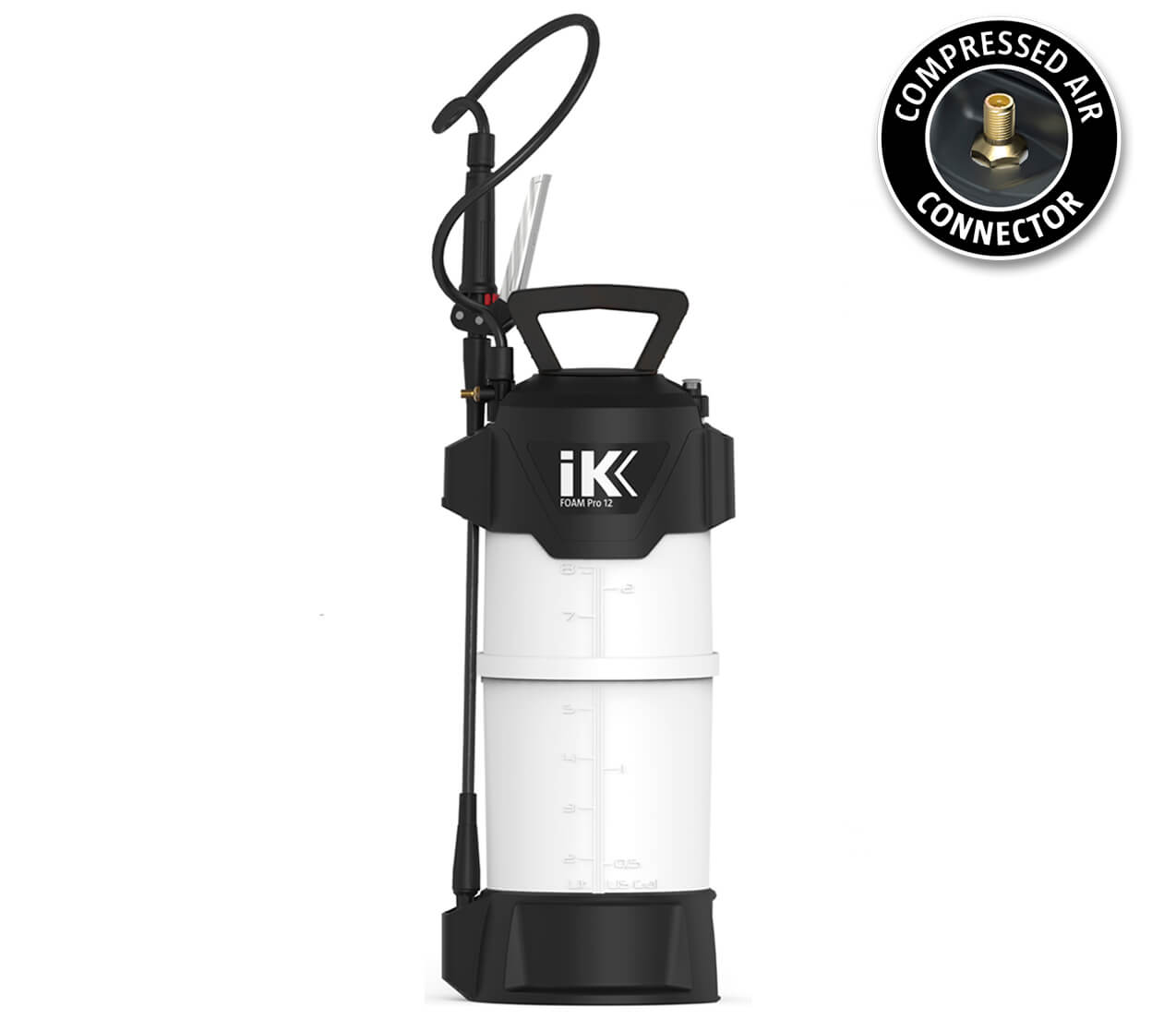White IK FOAM Pro 12 sprayer with black handle and base, designed for applying foaming cleaning solutions.