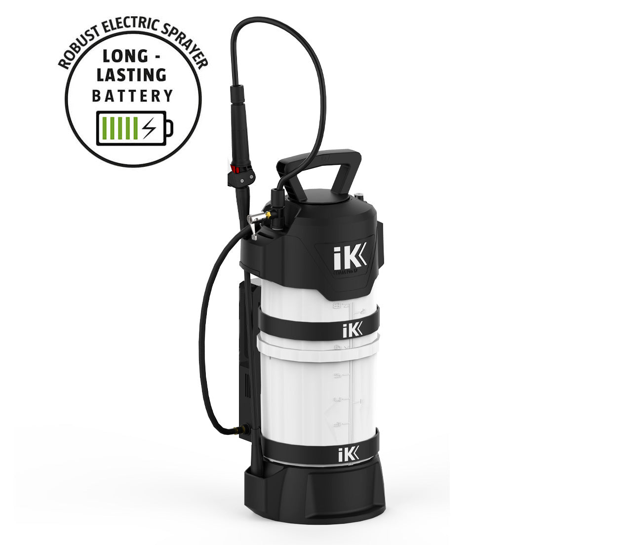 White IK e FOAM Pro 12 electric sprayer with black base and handle, designed for foaming chemical applications.