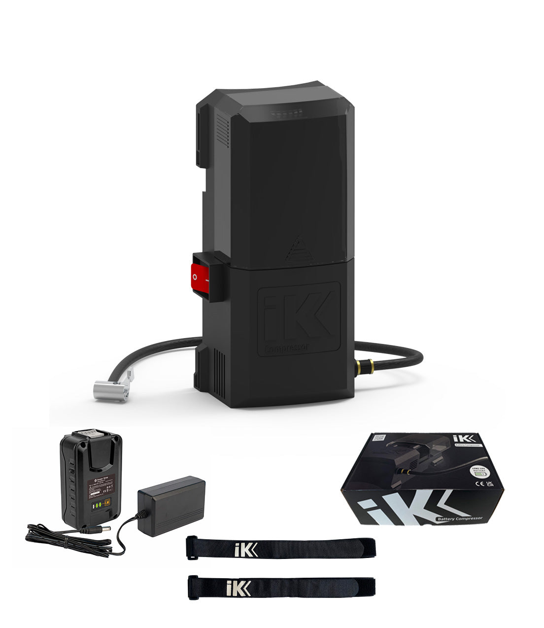 IK Battery compressor, 18V rechargeable unit that quickly pressurizes sprayers up to 36 PSI with continuous airflow.