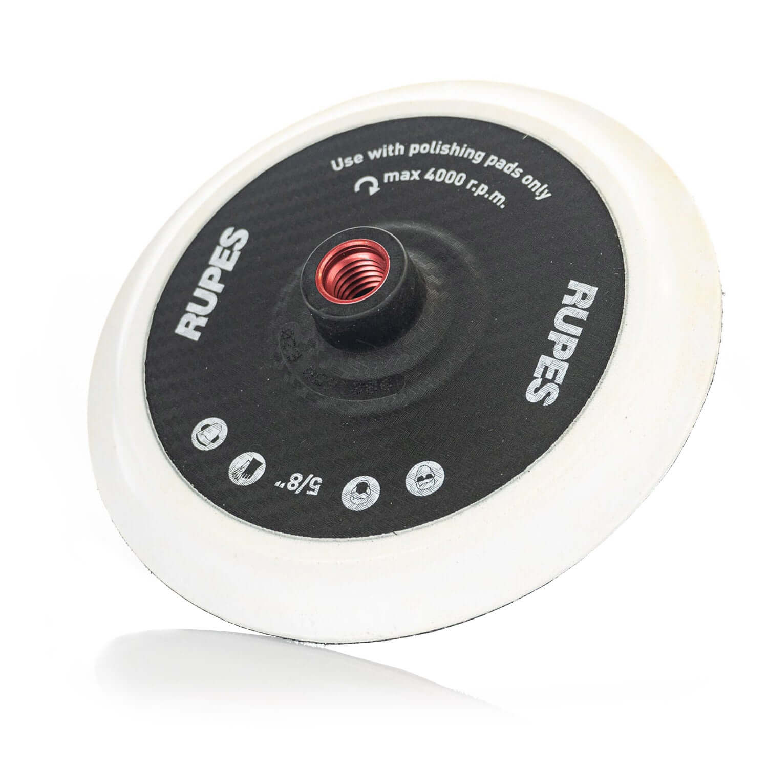 RUPES 165mm Velcro backing pad for LH19E rotary polisher, with M14 thread and ventilation holes for heat dissipation.