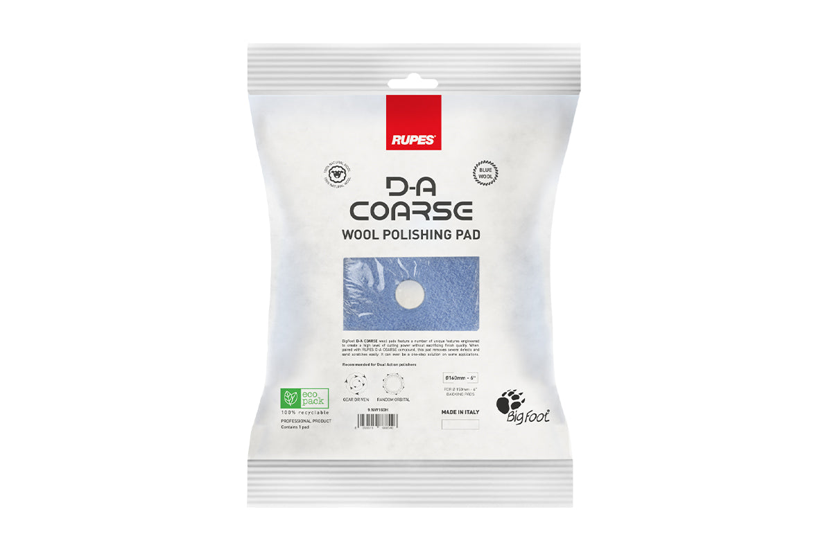 RUPES D-A COARSE Wool Polishing Pad inside the Eco Pack, the new packaging designed to be fully recyclable.