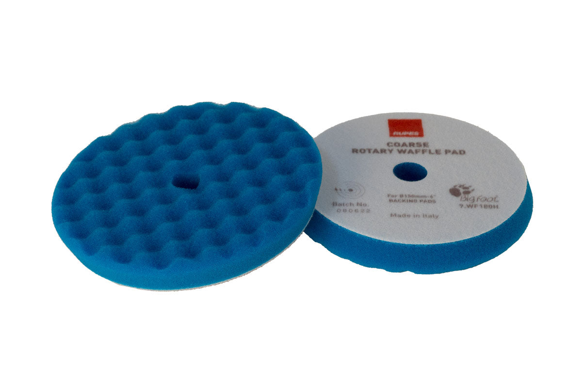 Front and back of RUPES WAFFLE COARSE Polishing Foam Pad designed for severe defect removal with rotary machines.