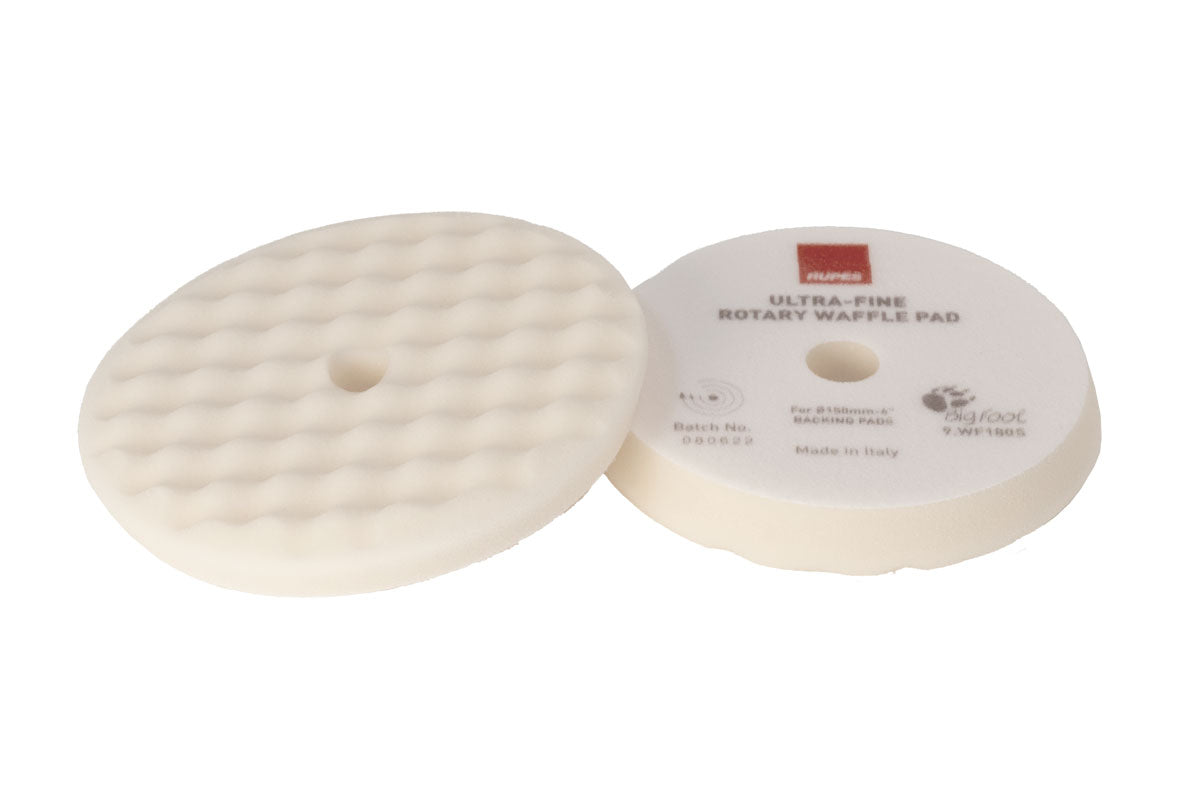 Front and back of RUPES WAFFLE ULTRA-FINE Polishing Foam pad with a unique waffle face for improved stability and cooling.